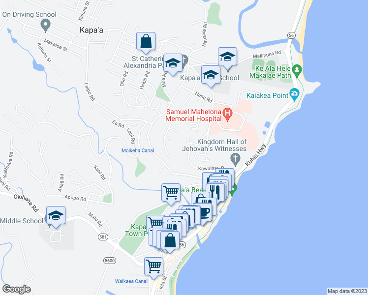 map of restaurants, bars, coffee shops, grocery stores, and more near 4715A Kawaihau Road in Kapaʻa