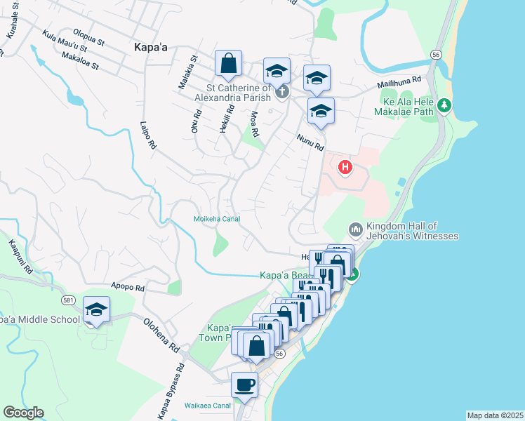 map of restaurants, bars, coffee shops, grocery stores, and more near 4732 Pelehu Road in Kapaʻa