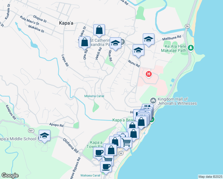 map of restaurants, bars, coffee shops, grocery stores, and more near 4732 Pelehu Road in Kapaʻa