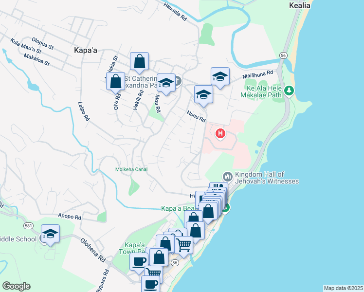 map of restaurants, bars, coffee shops, grocery stores, and more near 4826 Pelehu Road in Kapaʻa