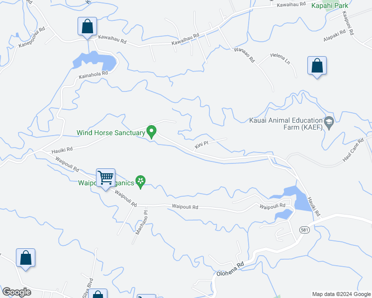 map of restaurants, bars, coffee shops, grocery stores, and more near Hauiki Road in Kapaa