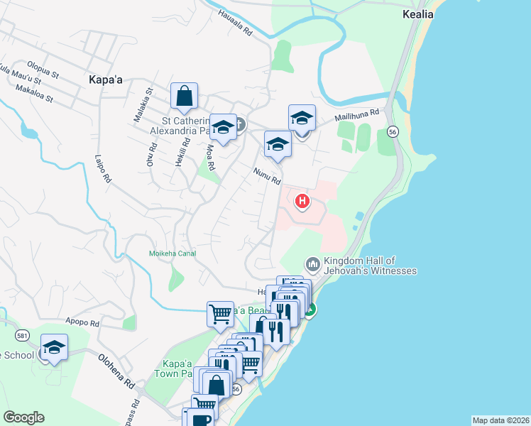 map of restaurants, bars, coffee shops, grocery stores, and more near 4812 Iiwi Road in Kapaʻa