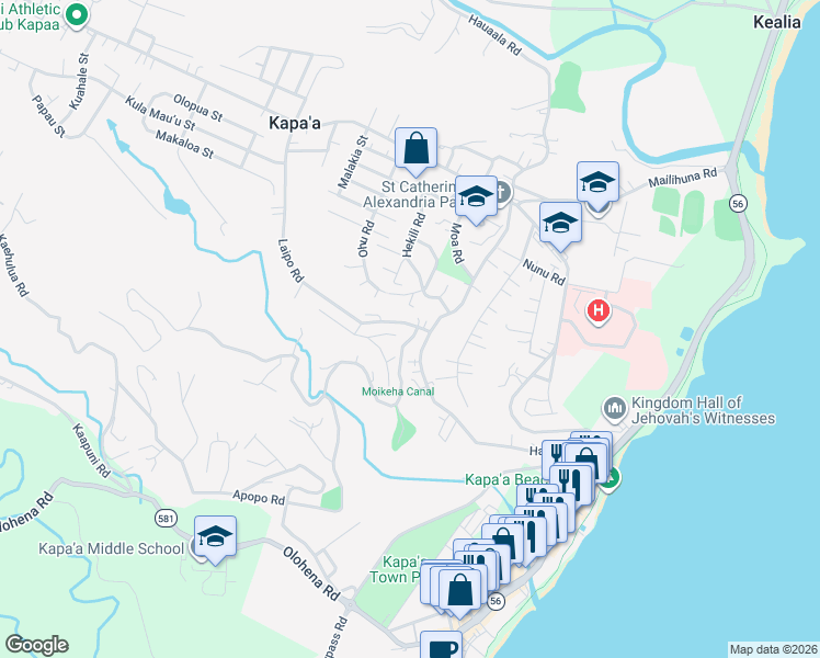 map of restaurants, bars, coffee shops, grocery stores, and more near 4862 Laipo Road in Kapaʻa