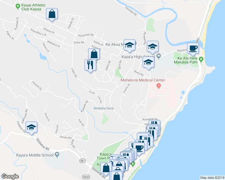 map of restaurants, bars, coffee shops, grocery stores, and more near 4862 Laipo Road in Kapaʻa