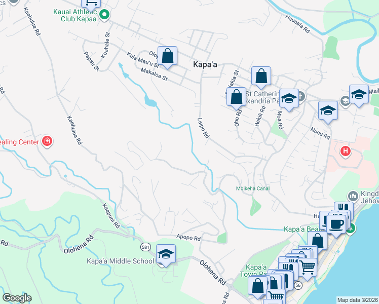 map of restaurants, bars, coffee shops, grocery stores, and more near 5 Kanaele Road in Kapaʻa