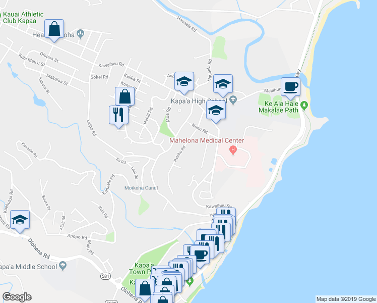 map of restaurants, bars, coffee shops, grocery stores, and more near 4826 Pelehu Road in Kapaʻa