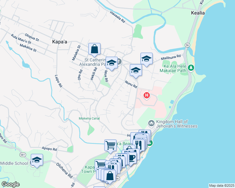map of restaurants, bars, coffee shops, grocery stores, and more near 4826 Pelehu Road in Kapaʻa