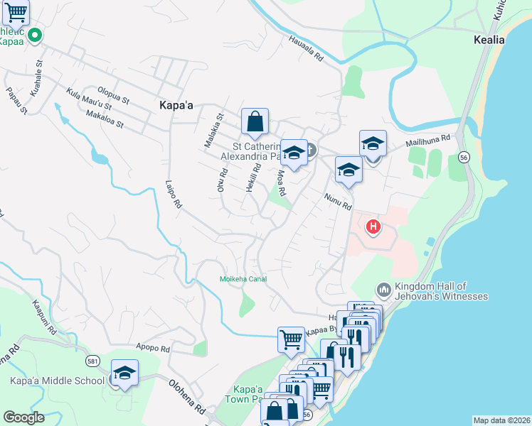 map of restaurants, bars, coffee shops, grocery stores, and more near in Kapaʻa