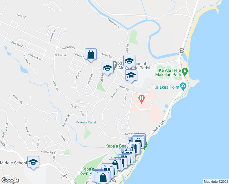 map of restaurants, bars, coffee shops, grocery stores, and more near 4861 Pelehu Road in Kapaʻa