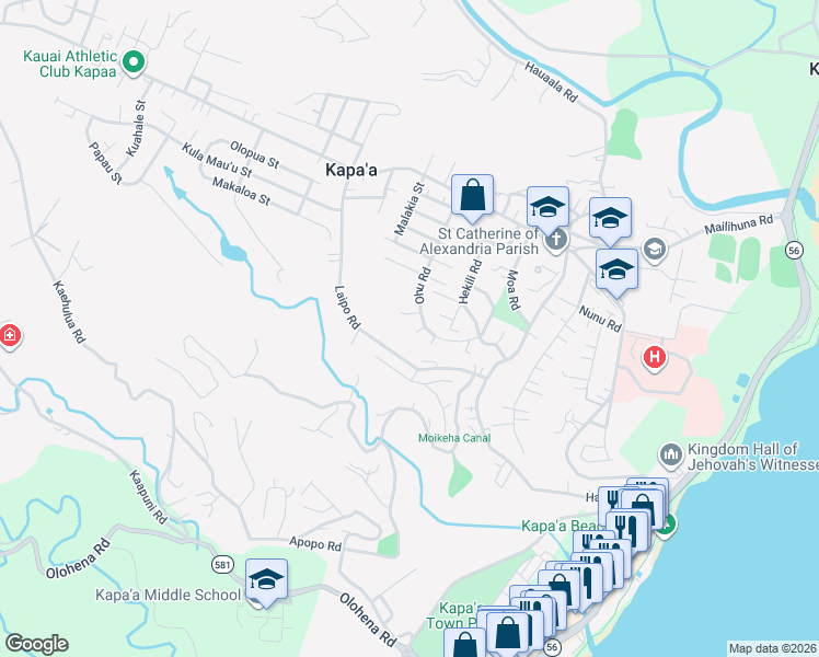 map of restaurants, bars, coffee shops, grocery stores, and more near 5169 Hauoli Place in Kapaʻa