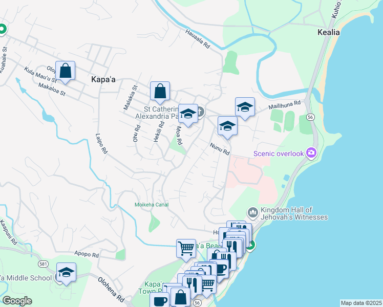 map of restaurants, bars, coffee shops, grocery stores, and more near 4861 Pelehu Road in Kapaʻa