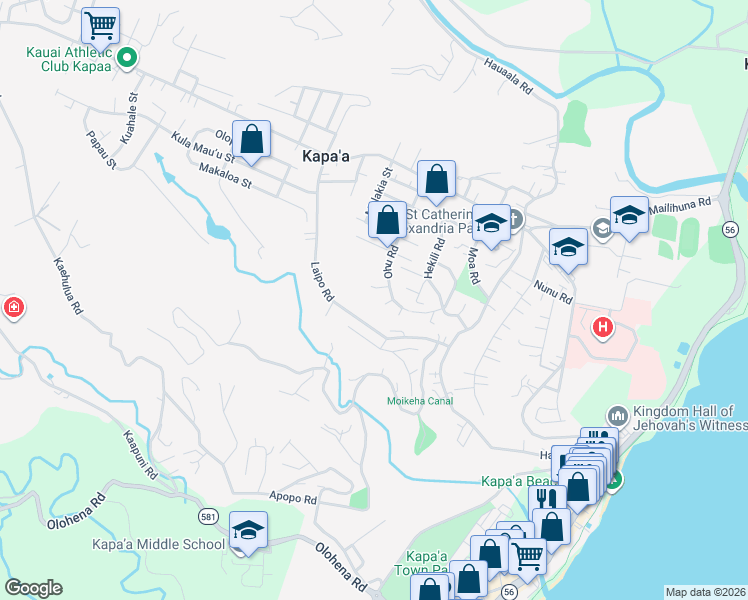 map of restaurants, bars, coffee shops, grocery stores, and more near 5169 Hauoli Place in Kapaʻa