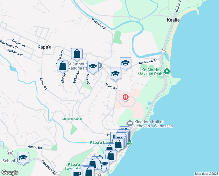 map of restaurants, bars, coffee shops, grocery stores, and more near 4891 Nunu Road in Kapaʻa