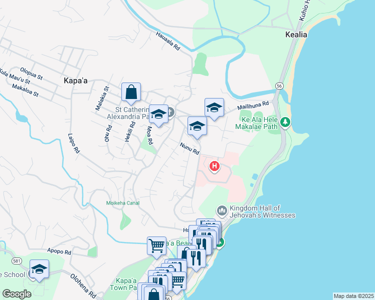 map of restaurants, bars, coffee shops, grocery stores, and more near 4891 Nunu Road in Kapaʻa