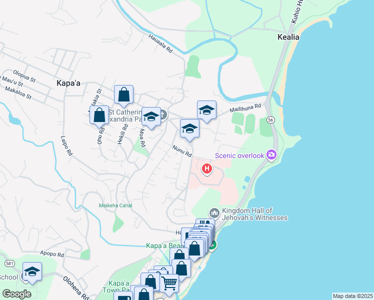 map of restaurants, bars, coffee shops, grocery stores, and more near 4891 Nunu Road in Kapaʻa