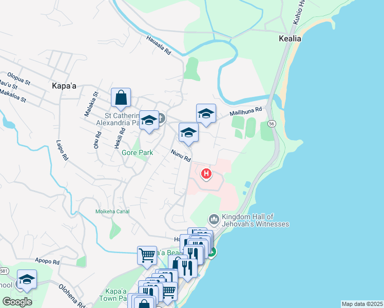 map of restaurants, bars, coffee shops, grocery stores, and more near 4886 Kawaihau Road in Kapaʻa