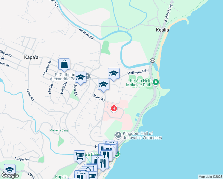 map of restaurants, bars, coffee shops, grocery stores, and more near 4886 Kawaihau Road in Kapaʻa
