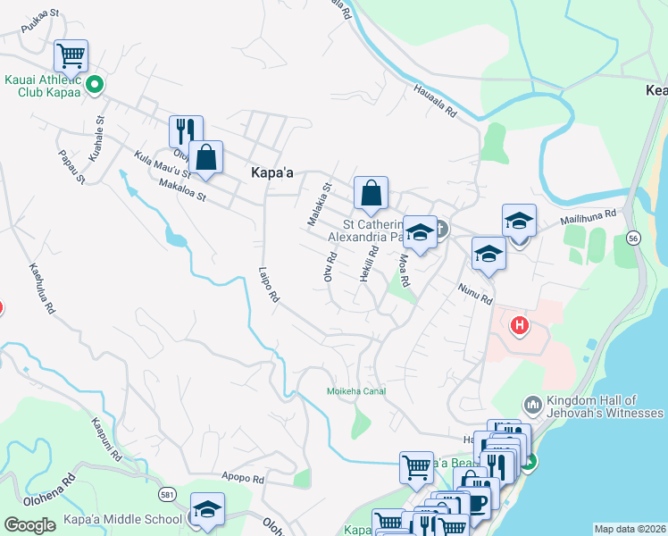 map of restaurants, bars, coffee shops, grocery stores, and more near 5117 Apelila Street in Kapaʻa