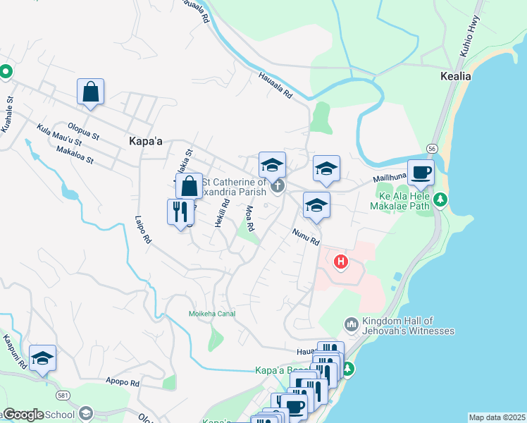 map of restaurants, bars, coffee shops, grocery stores, and more near 5021 Kawaihau Road in Kapaʻa
