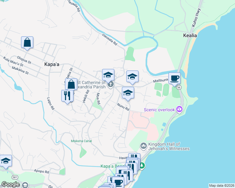 map of restaurants, bars, coffee shops, grocery stores, and more near 4886 Kawaihau Road in Kapaʻa