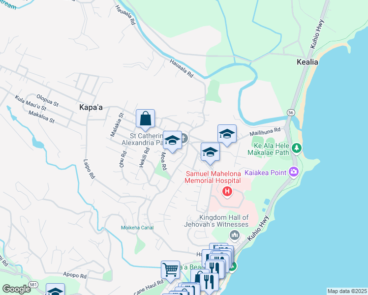 map of restaurants, bars, coffee shops, grocery stores, and more near 5021 Kawaihau Road in Kapaʻa
