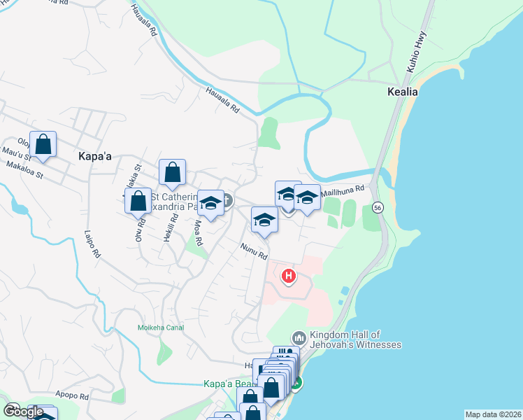 map of restaurants, bars, coffee shops, grocery stores, and more near 4695 Mailihuna Road in Kapaa