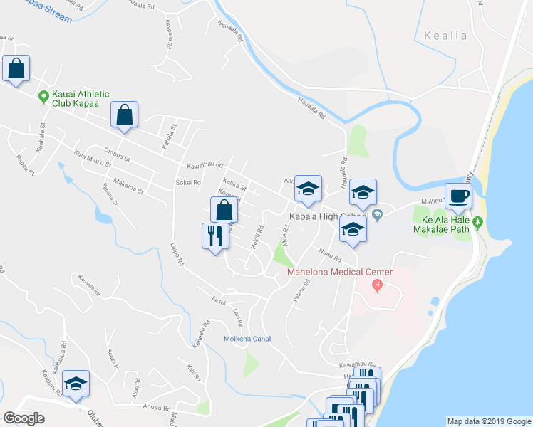 map of restaurants, bars, coffee shops, grocery stores, and more near 5098 Hekili Road in Kapaʻa
