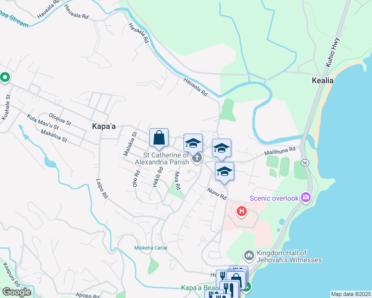 map of restaurants, bars, coffee shops, grocery stores, and more near 5114 Annie Road in Kapaʻa