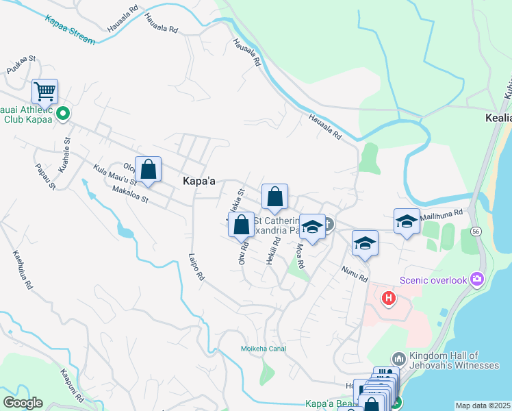 map of restaurants, bars, coffee shops, grocery stores, and more near 5165 Kalika Street in Kapaʻa