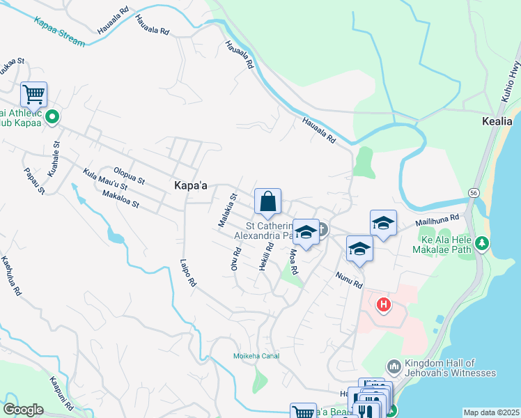 map of restaurants, bars, coffee shops, grocery stores, and more near 5165 Kalika Street in Kapaʻa