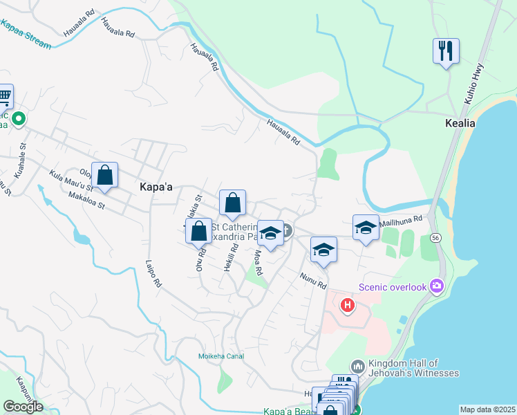 map of restaurants, bars, coffee shops, grocery stores, and more near 5114 Annie Road in Kapaʻa