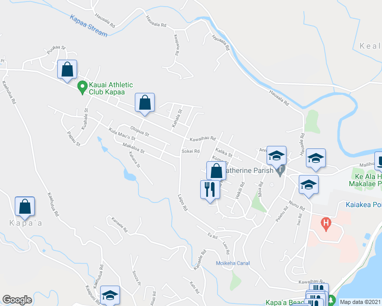 map of restaurants, bars, coffee shops, grocery stores, and more near 5205 Sokei Road in Kapaʻa