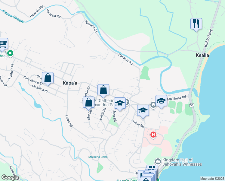 map of restaurants, bars, coffee shops, grocery stores, and more near 5114 Annie Road in Kapaʻa