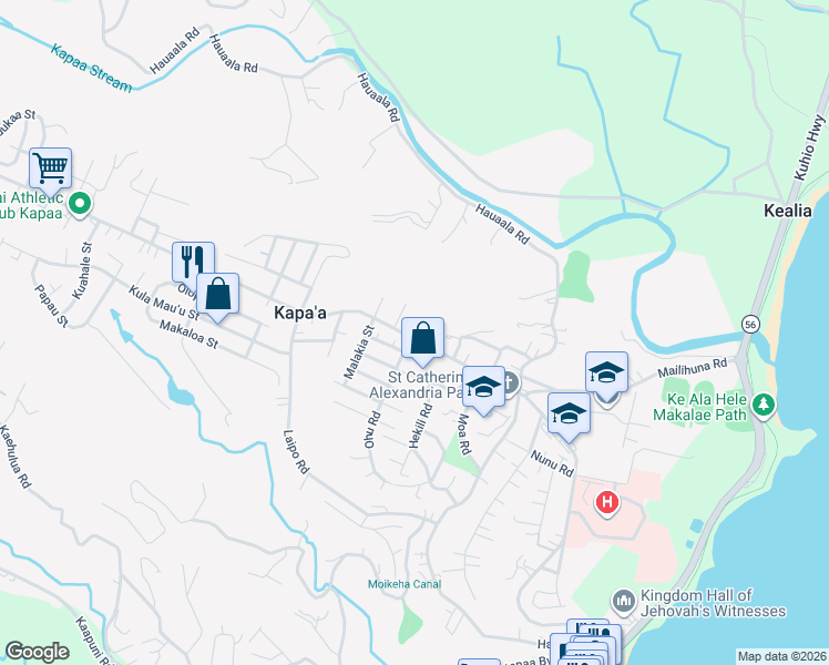 map of restaurants, bars, coffee shops, grocery stores, and more near 5122 Kawaihau Road in Kapaʻa