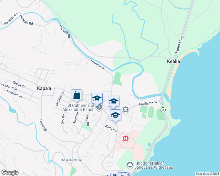map of restaurants, bars, coffee shops, grocery stores, and more near 5205 Hauaala Road in Kapaʻa