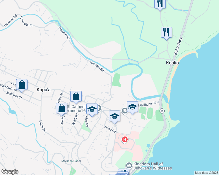 map of restaurants, bars, coffee shops, grocery stores, and more near 5205 Hauaala Road in Kapaʻa