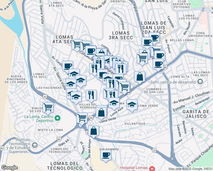 map of restaurants, bars, coffee shops, grocery stores, and more near Real de Lomas in San Luis Potosi