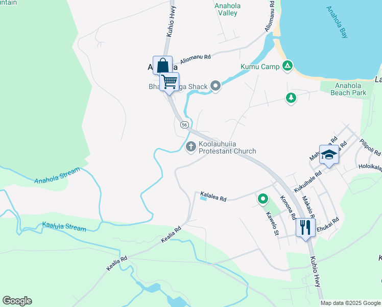 map of restaurants, bars, coffee shops, grocery stores, and more near 4095 Kealia Road in Anahola