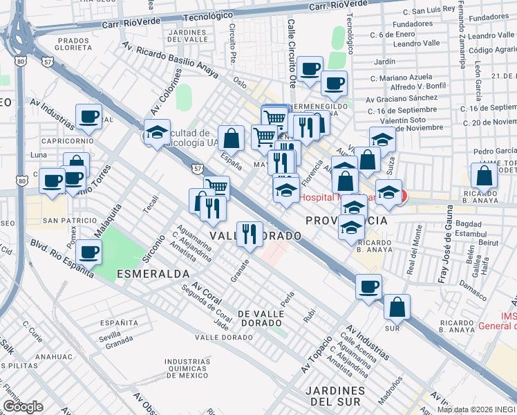 map of restaurants, bars, coffee shops, grocery stores, and more near Carr. a Matehuala Km 9.5 in San Luis Potosí