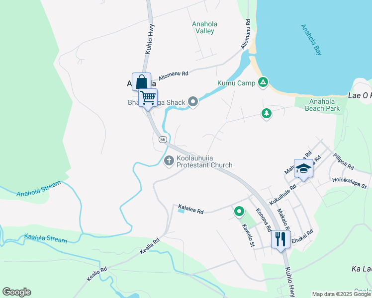 map of restaurants, bars, coffee shops, grocery stores, and more near 4095 Kealia Road in Anahola