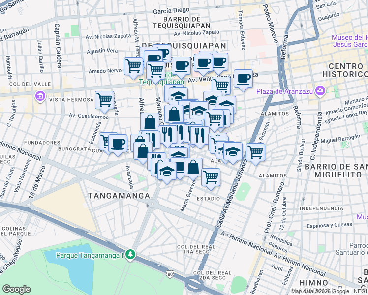 map of restaurants, bars, coffee shops, grocery stores, and more near Avenida Santos Degollado in San Luis Potosí