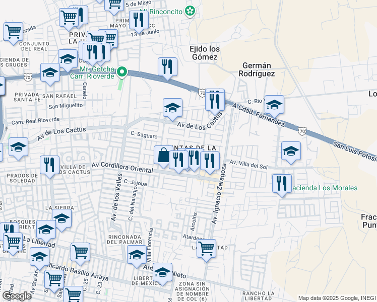 map of restaurants, bars, coffee shops, grocery stores, and more near in Soledad de Graciano Sánchez