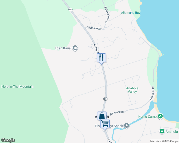 map of restaurants, bars, coffee shops, grocery stores, and more near 4911H Kuhio Highway in Anahola