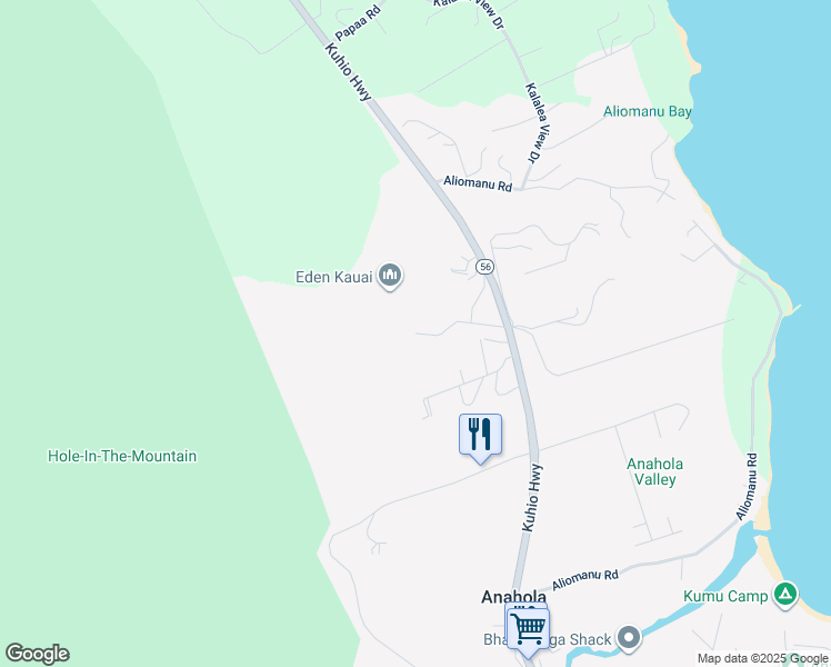 map of restaurants, bars, coffee shops, grocery stores, and more near 65 Hui Road in Anahola
