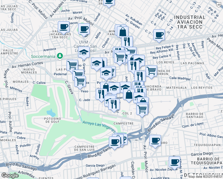 map of restaurants, bars, coffee shops, grocery stores, and more near 5 in San Luis Potosí