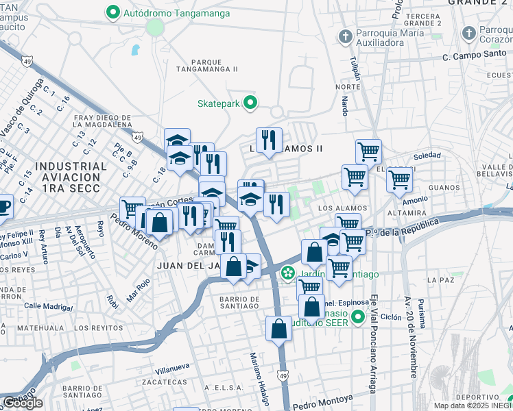 map of restaurants, bars, coffee shops, grocery stores, and more near 3 Avenida Damián Carmona in San Luis Potosí