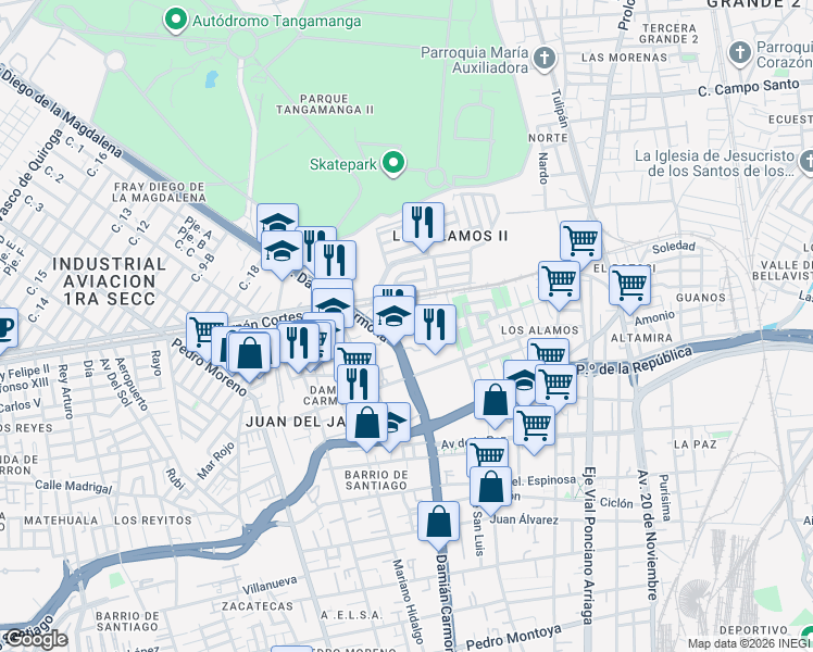 map of restaurants, bars, coffee shops, grocery stores, and more near 4 Avenida Damián Carmona in San Luis Potosí
