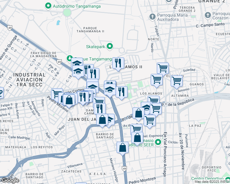 map of restaurants, bars, coffee shops, grocery stores, and more near 6 Avenida Damián Carmona in San Luis Potosí