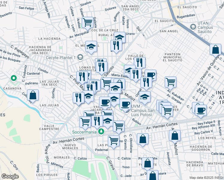map of restaurants, bars, coffee shops, grocery stores, and more near Capulines in San Luis Potosí