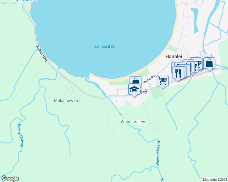 map of restaurants, bars, coffee shops, grocery stores, and more near 4421 Anae Road in Hanalei